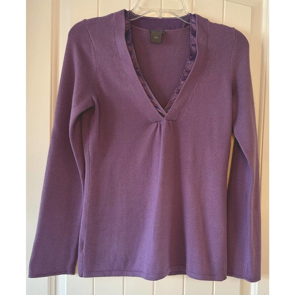 Ann Taylor Women's Purple Lilac V Neck Knit Sweater Satin Trim Size Small